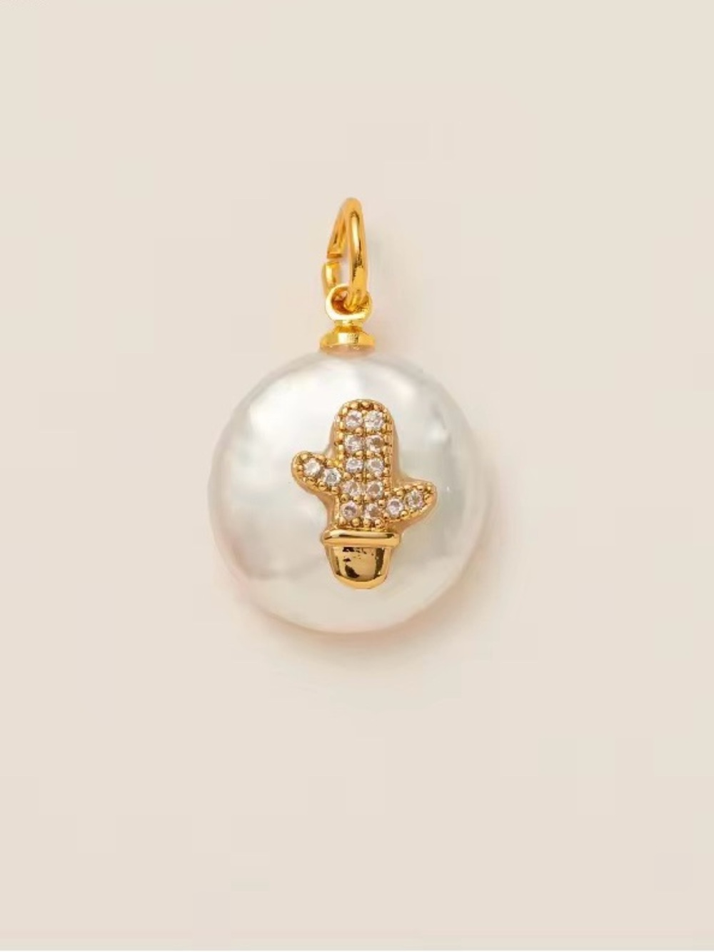 Gold and Baroque Pearl Cactus Charm Pendant